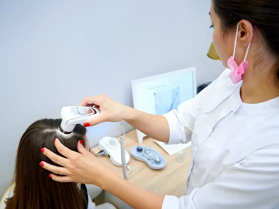 Trichologist examining a patient's scalp with a handheld trichoscope during a trichoscopy appointment, with magnified scalp images visible on a monitor in the background.