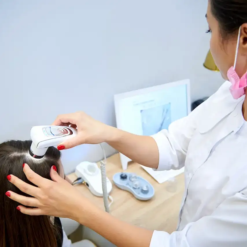 Trichologist examining a patient's scalp with a handheld trichoscope during a trichoscopy appointment, with magnified scalp images visible on a monitor in the background.
