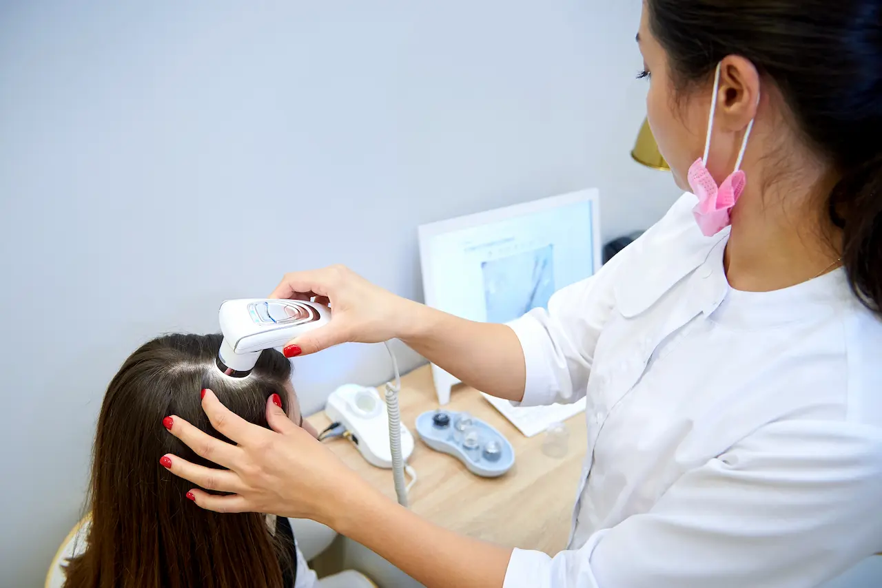 Trichologist examining a patient's scalp with a handheld trichoscope during a trichoscopy appointment, with magnified scalp images visible on a monitor in the background.
